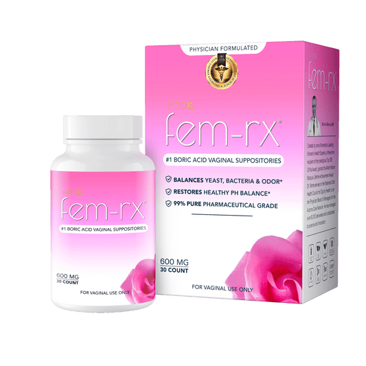 A bottle of Fem-Rx Boric Acid Suppositories with a smiling woman in the background with a 5 star review.