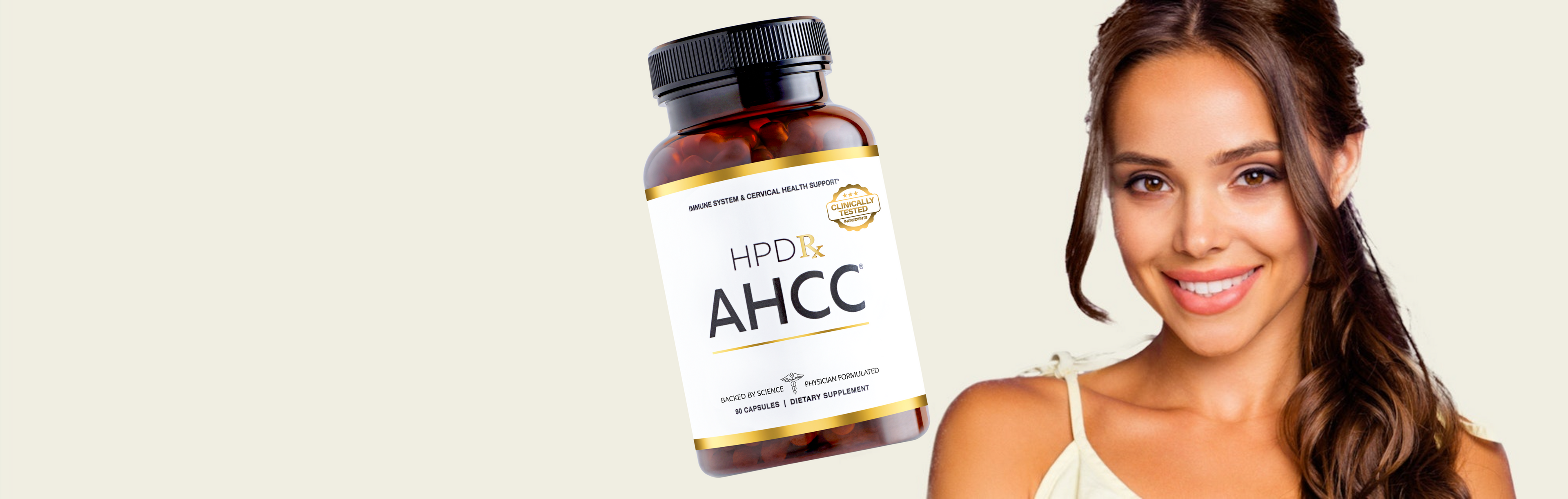 Bottle of HPD AHCC supplement with a woman on a beige background