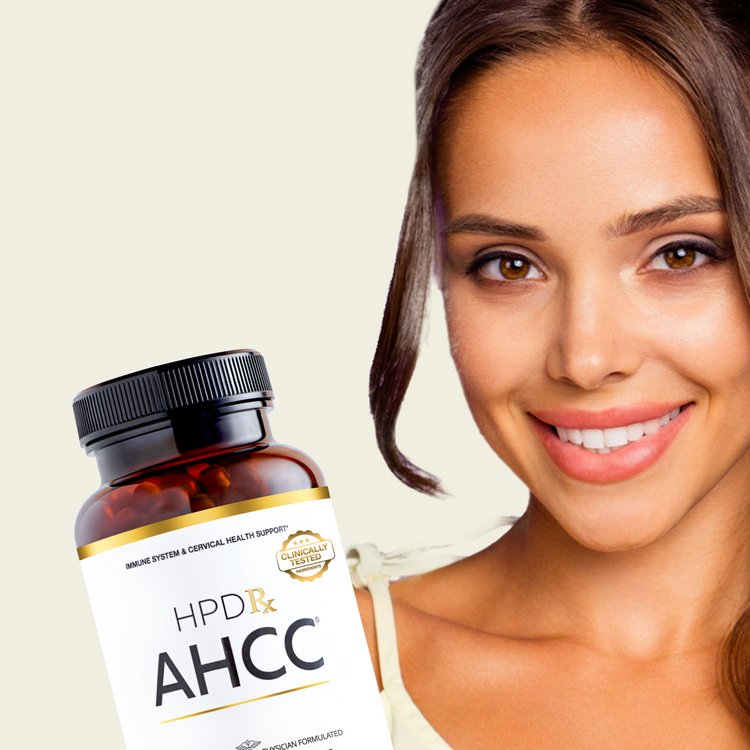Bottle of HPDRx AHCC supplement with a woman on a beige background