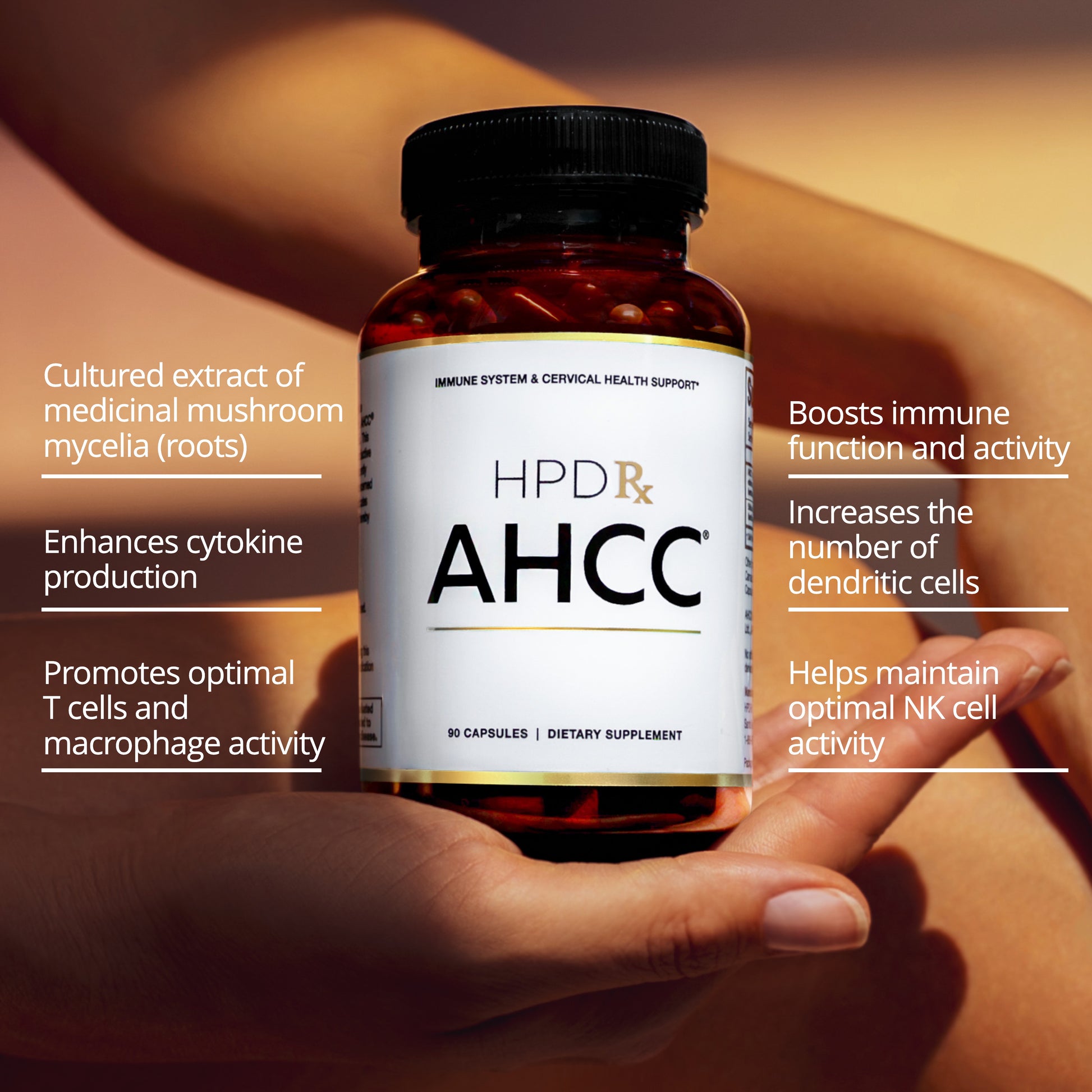 Supplement bottle AHCC with product features listed.