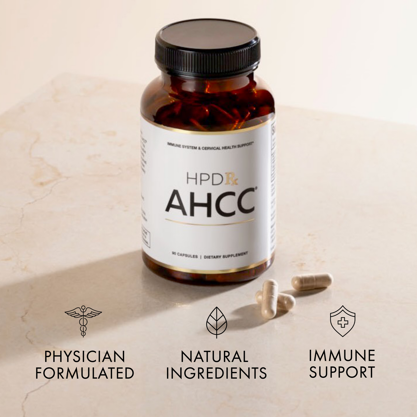 Supplement bottle HPDRx AHCC with text indicating features.