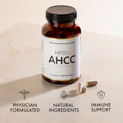 Supplement bottle HPDRx AHCC with text indicating features.