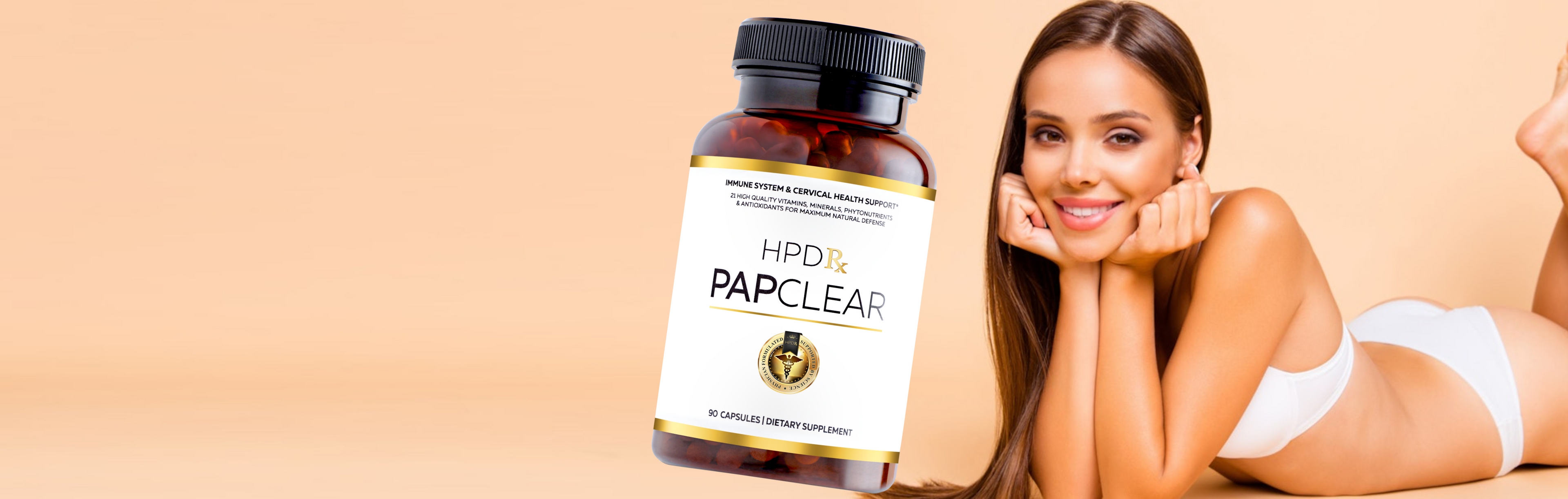 Bottle of HPD by Papclear with a woman lying on a beige background