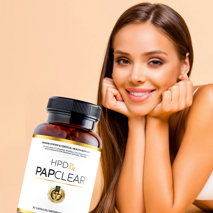 Woman with a bottle of HPDRx PapClear supplements on a beige background