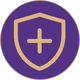 A circular purple icon featuring a gold shield outline with a gold cross in the center.