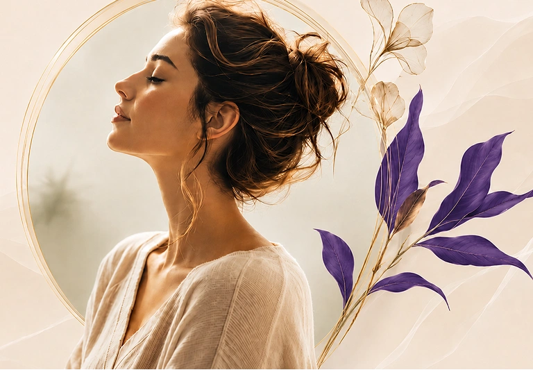 A woman with her hair in a messy bun looks upward with her eyes closed, wearing a light beige top. She is framed within a large circular border, with decorative purple leaves and cream flowers on the right side against a soft beige background.