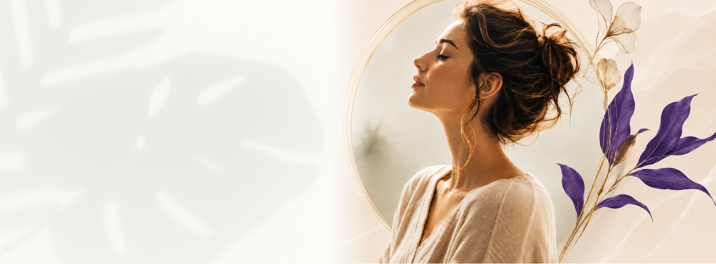 A woman with her hair in a bun wearing a beige top, looking upward in a serene pose, set against a bright white background with decorative purple flowers and soft shadows.