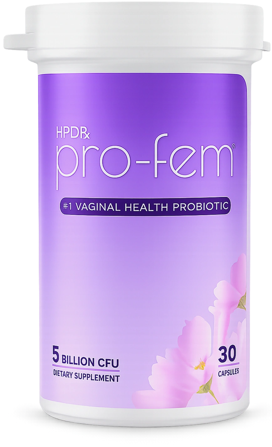 A white plastic bottle of HPDR Pro-Fem dietary supplement with a purple label, featuring pink floral graphics and text indicating 5 billion CFU and 30 capsules.