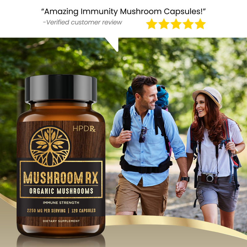 Mushroom Rx Organic Mushroom Capsules featuring two people hiking in the woods