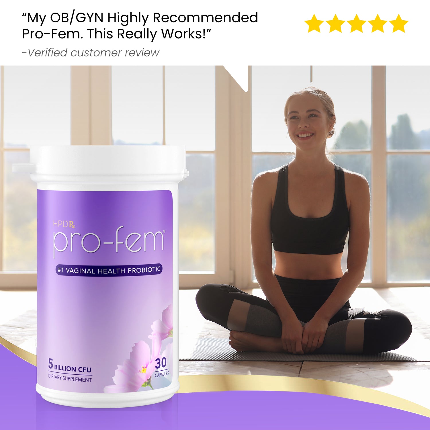 A bottle of Pro-Fem Vaginal Health Probiotic is displayed with a five-star rating.