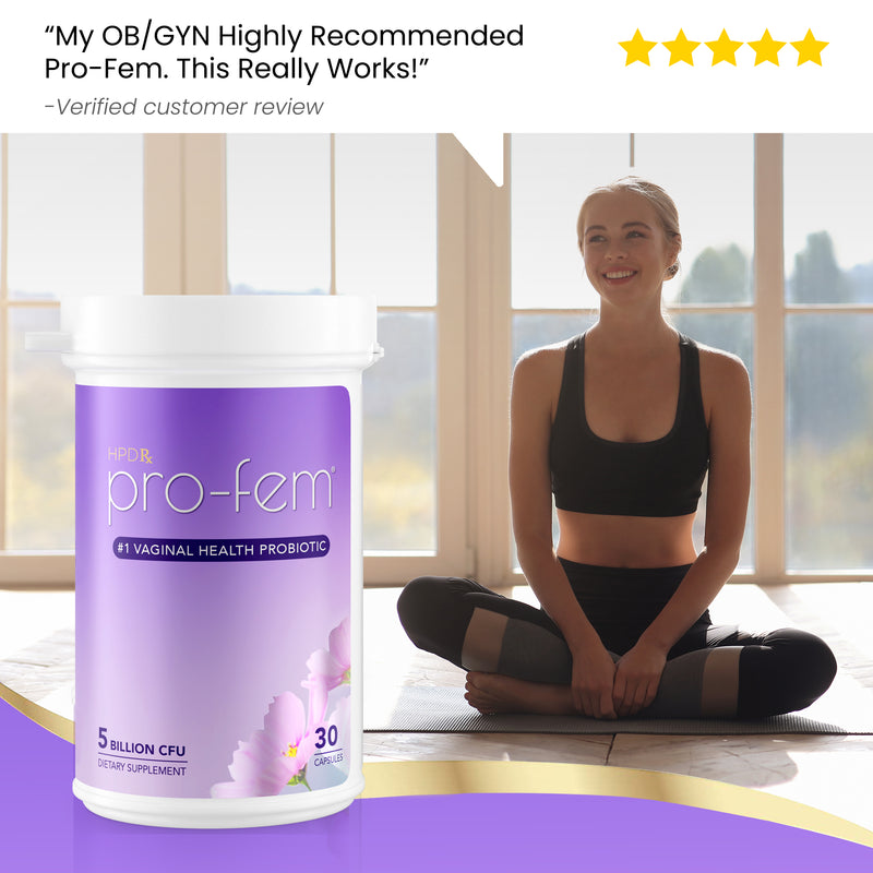 A bottle of Pro-Fem Vaginal Health Probiotic is displayed with a five-star rating.